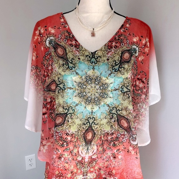 Westport Orange Print Boho Butterfly Sleeve Top Size Large - Picture 2 of 7